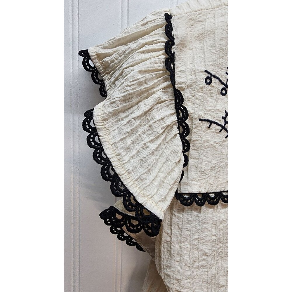 Vintage-Inspired Cream & Black Embroidered Ruffle Sleeve Blouse By Mine - Picture 7 of 16